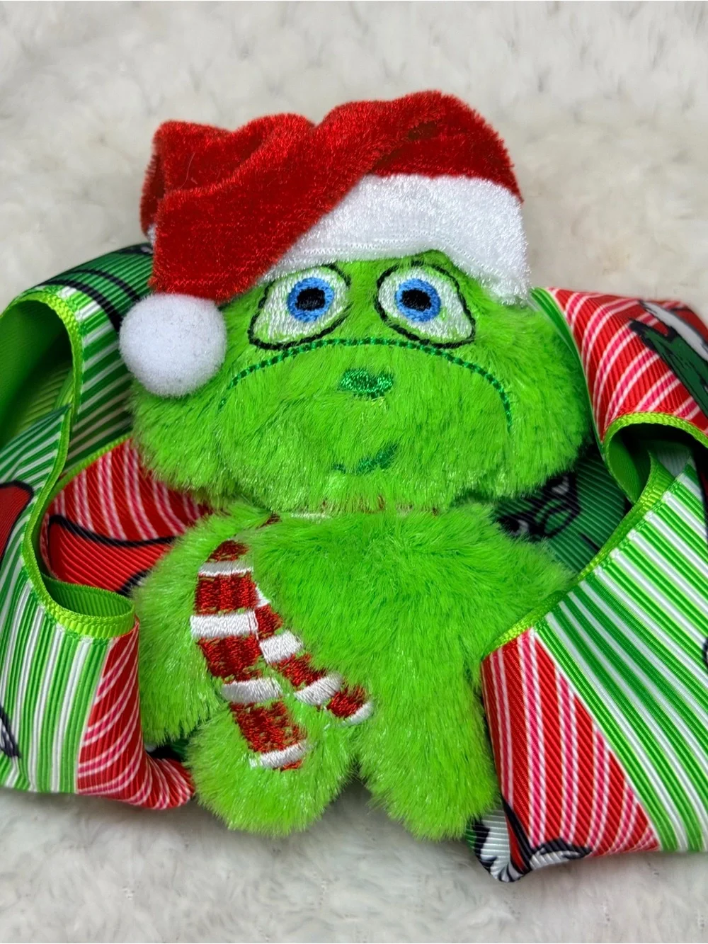 Large Grinch Plush Holiday Hair Bow Clip with Santa Hat